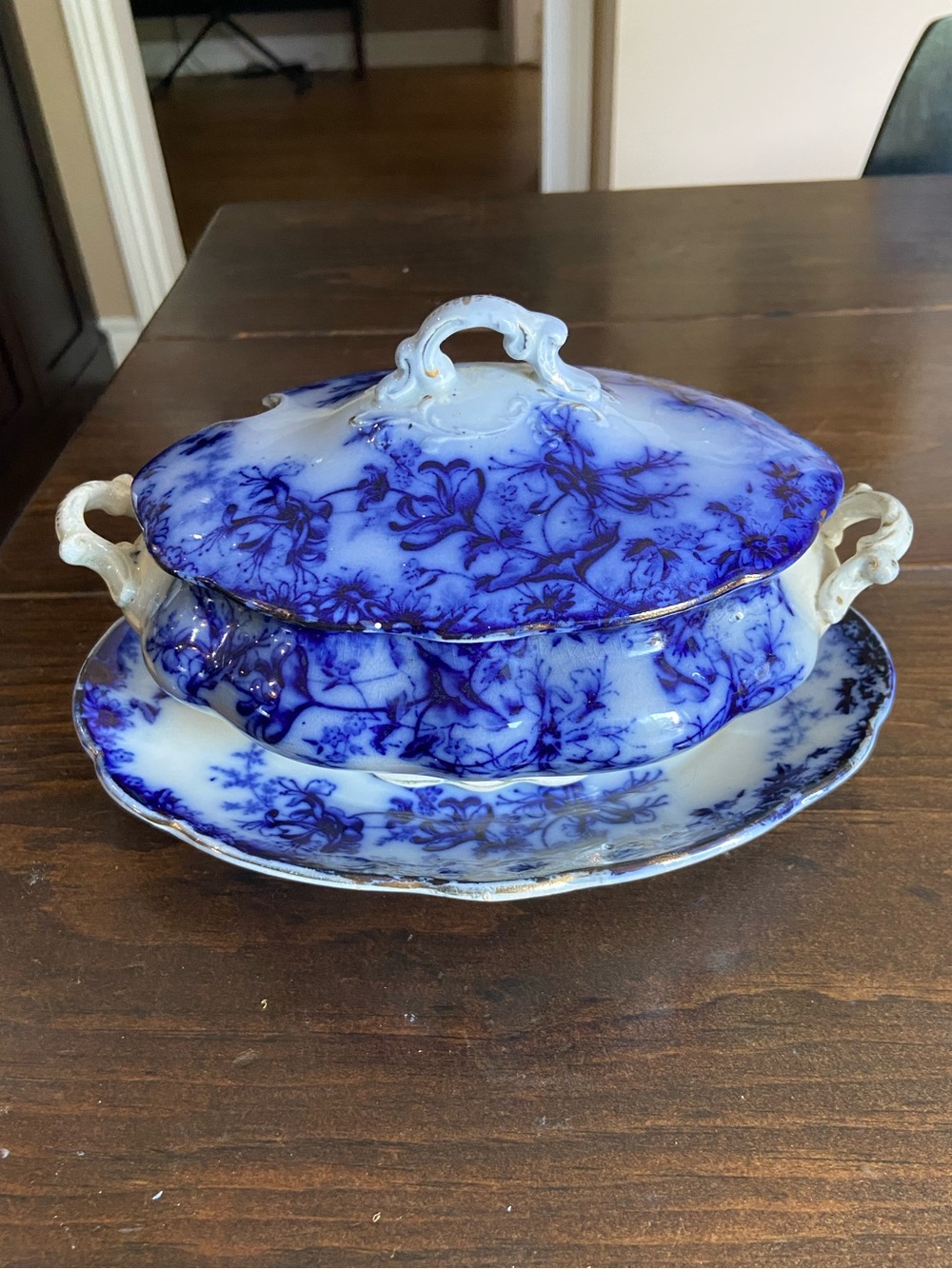 Antique 1880s Brownhills "Devon" Flow Blue 3-Pc Covered Tureen & Platter Set